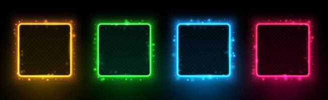 Set of square shining neon frames with futuristic highlights isolated on black background. vector