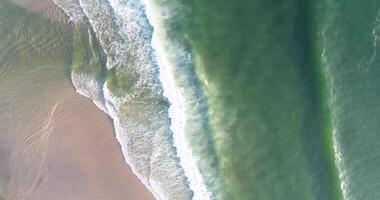 aerial drone zenithal of a beach, waves foam on the shore. Marine background concept video