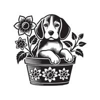 A black and white dog sitting on the ground vector