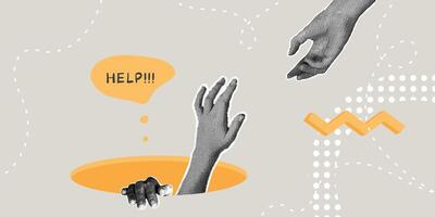 Fashionable halftone collage. The concept of success, life stability, a request for help, a helping hand that helps to overcome adversity. The hand pulls out of the pit of failures vector