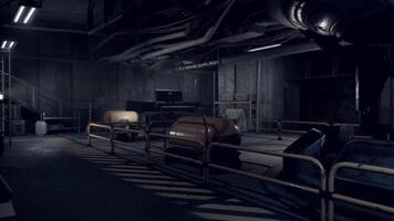 Exploring an underground bunker with industrial machinery and shadowy lighting video