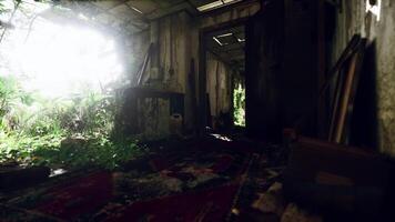 Exploring an abandoned structure overgrown with vegetation in daylight video