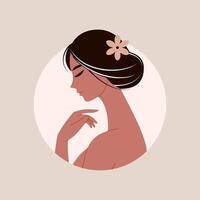 Side Profile of Woman in Minimalist Round Art with Floral And Soft Accent vector