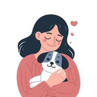 Simple Clean Soft Modern Flat Illustration of Girl and Dog in a Loving Hug with Minimalist Cartoon Style vector