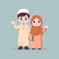 Charming Muslim Kids Simple Flat Modern Soft Illustration in Traditional Clothing with Happy Smiling Faces and Greeting Gesture vector