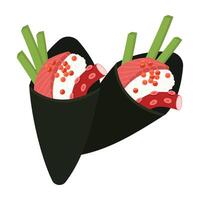 Sushi and roll pattern. Sushi seamless background. Tobiko maki, Philadelphia roll, onigiri, shrimp nigiri, futomaki, sake temaki, soy bowl wasabi. vector