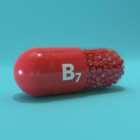 Vitamin B7 With Red Capsule, Granules and Turqoise Background photo