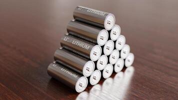 A pile of Lithium batteries on wooden table photo