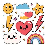 Set of cartoon faces and symbols, including a smiling heart, cloud, star, lightning bolt, and rainbow vector