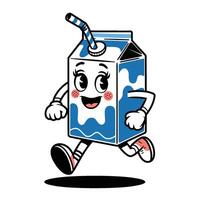A cartoon retro character is running with a straw in a carton of milk, flat illustration vector