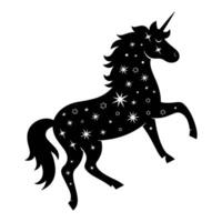 A black unicorn with a star on its head is jumping in the air. The image has a whimsical and playful mood vector