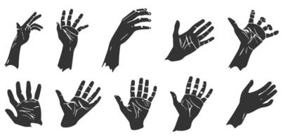 Collection of isolated flat black illustrations depicting hands showing various gestures. vector