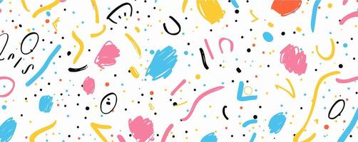 Seamless pattern of fun, colorful line doodles with basic shapes for children or trendy designs. vector