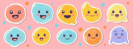 Colorful set of smiling face labels and retro sticker shapes, featuring funny characters and quotes. vector