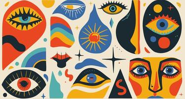 Sticker pack featuring naive, playful abstract shapes, including groovy circles, ovals, in a trendy retro 90s cartoon style. illustration with wavy geometric elements, embodying a aesthetic. vector