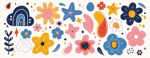 A sticker pack featuring abstract cloud and flower shapes in a groovy retro cartoon style from the 90s and 00s. vector