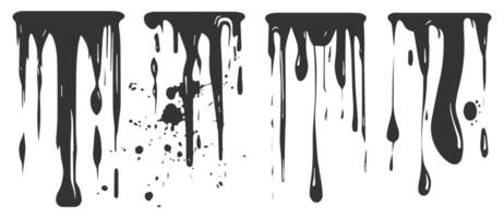 illustration set depicting various forms of dripping paint, flowing liquid, and paint splatter, including paint flows, stains, drops, inks, and molten elements, presented in black silhouette. vector