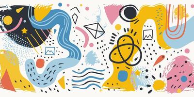 Colorful illustration featuring naive playful abstract shapes in a doodle grunge style, including squiggles, circles, asterisks, infinity signs, dots, and bold wavy lines. vector