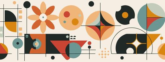 Brutalist geometric shapes for Swiss minimal style design, featuring stars, ovals, flowers, and lines. vector