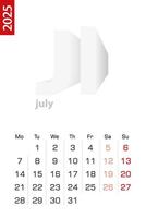 Minimalist calendar template for July 2025, calendar in English. vector