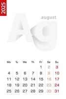 Minimalist calendar template for August 2025, calendar in English. vector