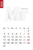Minimalist calendar template for March 2025, calendar in English. vector