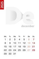 Minimalist calendar template for December 2025, calendar in English. vector