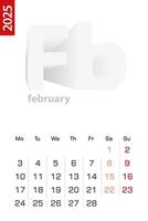 Minimalist calendar template for February 2025, calendar in English. vector