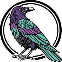 A raven with purple and green feathers vector