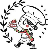 A cartoon chef holding a cake with strawberries vector