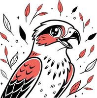 A red and white bird with leaves around it vector