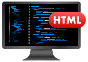 Computer monitor showing html programming code on blue background png