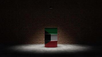 Oil barrel with the flag of Kuwait in front of a brick background photo
