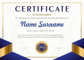 Deep blue and gold colored certificate template vector