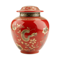 Ornate red and gold Chinese jar for New Year Festivities with intricate floral patterns isolated on transparent background png