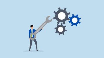 Adjustment and optimization for business improvement, 4k animation of entrepreneur grasping wrench to modify gear cogwheels configuration. video