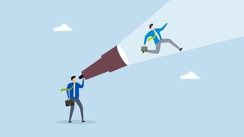 Create strong vision to lead to business success, 4k animation of entrepreneur gazes through binoculars to visualize himself progressing towards his objective. video