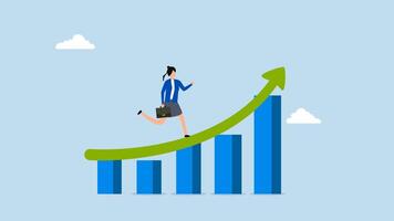 Work improvement, 4k animation of businesswoman ascending an upward arrow on a performance enhancement bar chart. video