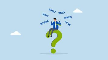 5w1h asking questions for solution to solve problem, 4k animation of composed entrepreneur contemplating a big question mark pondering who, what, where, when, why, and how. video