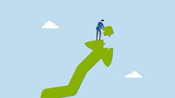 Growth strategy, 4k animation of clever entrepreneur placed final piece of jigsaw puzzle to finish upward arrow metaphor representing growth. video