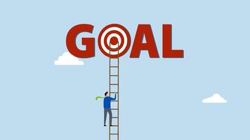 Ladder to reach goal, 4k animation of clever entrepreneur ascends ladder high into the cloud to hit target bullseye. video