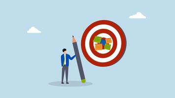 Goal setting, 4k animation of entrepreneur jots down objectives on paper and places them on large dartboard. video