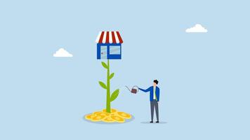 Grow your shop and earn more profit, 4k animation of entrepreneur watering a plant to nurture it in a large flower shop. video