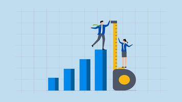 Business benchmark measurement, 4k animation of Businessman and woman assist with a measuring tape to gauge bar graph dimensions. video