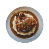 Top view of a crispy fried chicken with mashed potato png