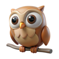 Cute cartoon owl bird with big eyes sitting on the tree branch 3d illustration isolated on the transparent background png