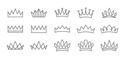 Set of linear crowns isolated on white background. Outline crown collection vector