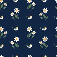 Seamless pattern with birds and daisies on a blue background vector