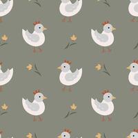 Seamless pattern with chickens and tulips on a gray background vector