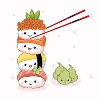 A cute stack collection of kawaii-style sushi. Featuring traditional Japanese dishes with a cute faces. vector
